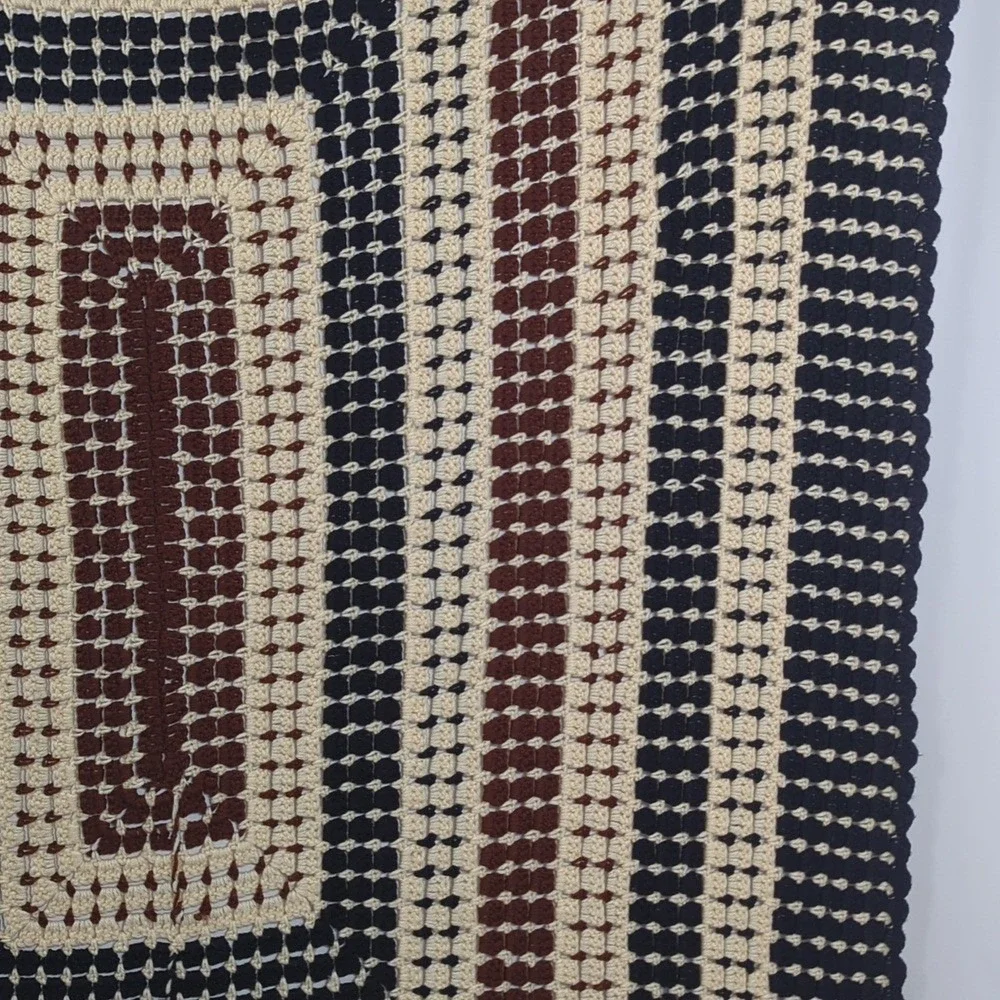 Vintage Handmade Crochet Afghan Granny Square‎ Blanket in Black Cream Brown Cozy